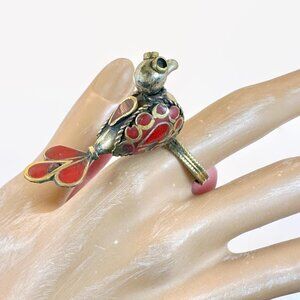 Vintage, Bird Ring, Middle Eastern: Afghan, Red Enameled, Ethnic, Boho